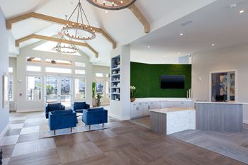Resident e-lounge with coffee bar, game room & coworking stations